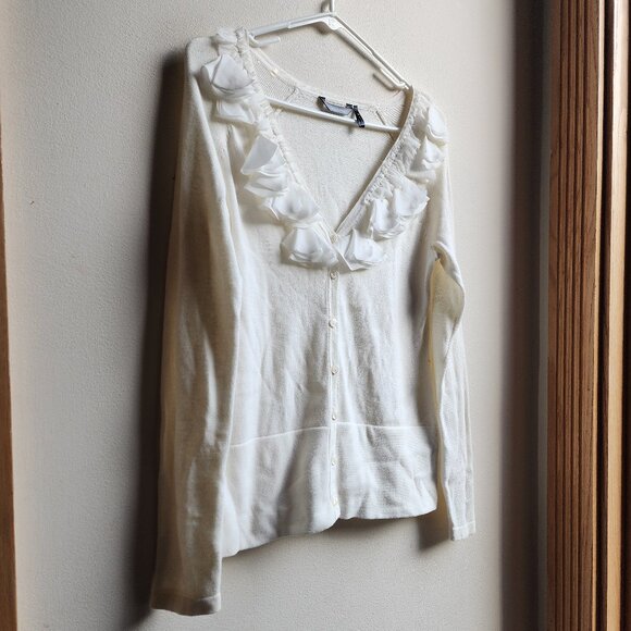 Daisy Fuentes Cream Ruffled Button Down Cardigan Size Small - Picture 5 of 16